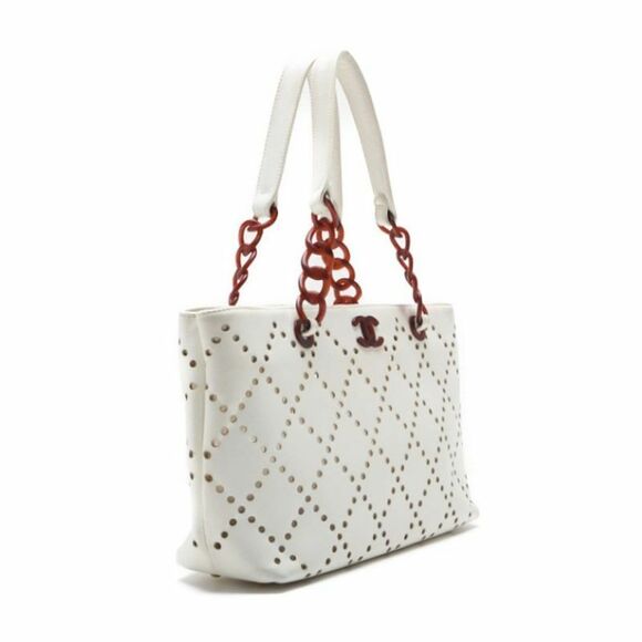Authentic CHANEL CC Caviar Perforated Bekko Chain Tote White Red Shoulder Bag - Picture 3 of 8